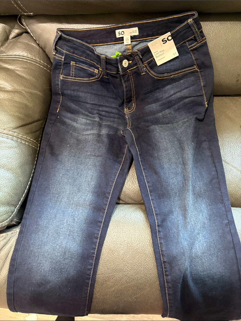 So low rise dark wash boot cut denim jeans
